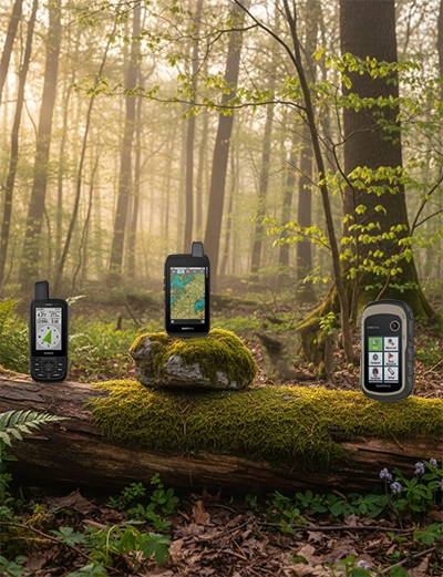 3 gps num tronco de uma árvore caída num bosque.
